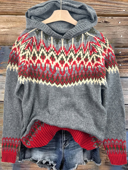 Comfortable Fair Isle Print Sweater for Women with Hooded Long Sleeve Relaxed Oversized Knit Style
