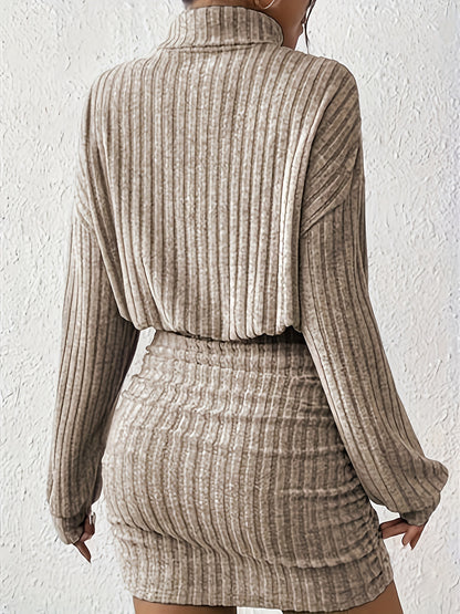Comfortable Ribbed Mini Dress for Women with Mock Neck Long Sleeve Ruched Bodycon Sweater Style