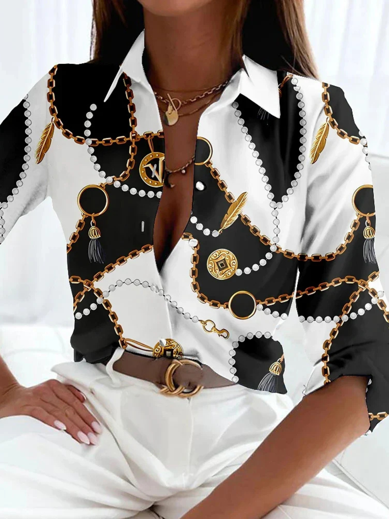 Effortless Colorblock Print Blouse for Women with Collar Elbow Sleeve Button Front Relaxed Style