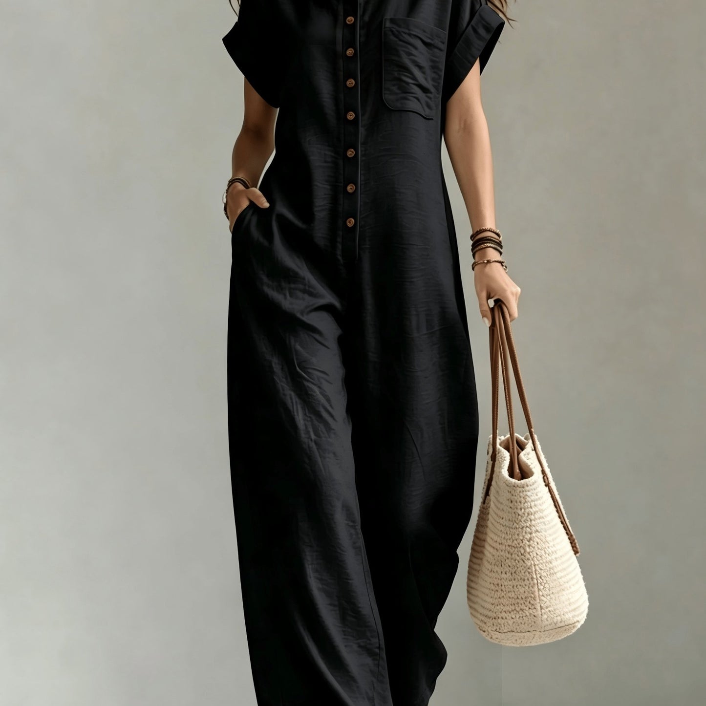 Effortless Linen Wide Leg Jumpsuit for Women with Collar Short Sleeve Button Front Relaxed Style