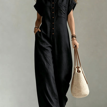 Effortless Linen Wide Leg Jumpsuit for Women with Collar Short Sleeve Button Front Relaxed Style