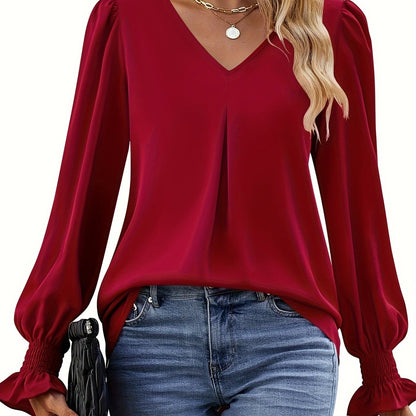 Effortless Pleated Blouse for Women with V Neck Balloon Sleeve Smocked Cuff Relaxed Style
