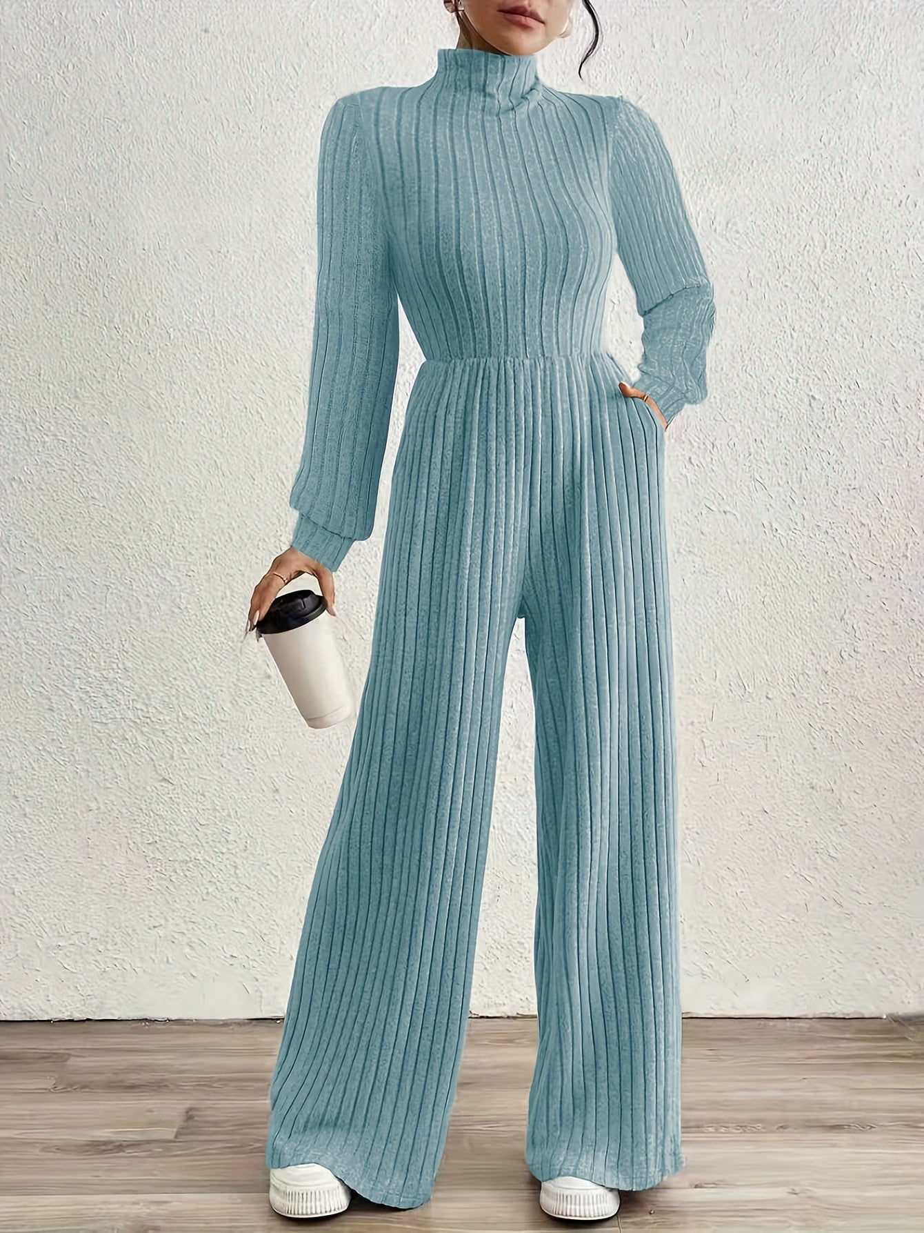 Elegant Ribbed Knit Jumpsuit for Women with Mock Neck Long Sleeve Wide Leg Casual Style