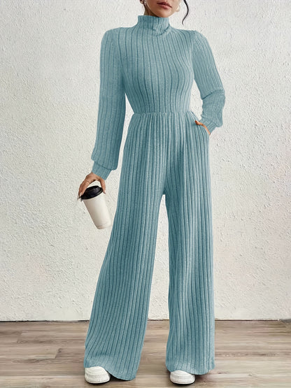 Elegant Ribbed Knit Jumpsuit for Women with Mock Neck Long Sleeve Wide Leg Casual Style
