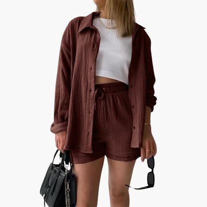 Effortless Cotton Gauze Two Piece Set for Women with Collared Button Front Long Sleeve Drawstring Shorts Relaxed Style
