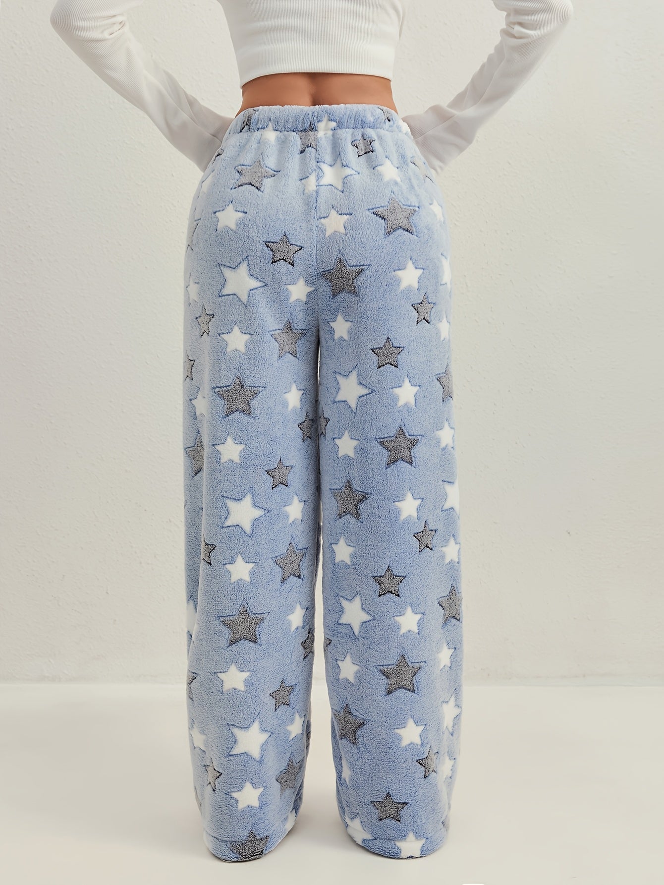 Comfortable Star Print Fleece Pajama Pants for Women with High Waist Drawstring Wide Leg Relaxed Style