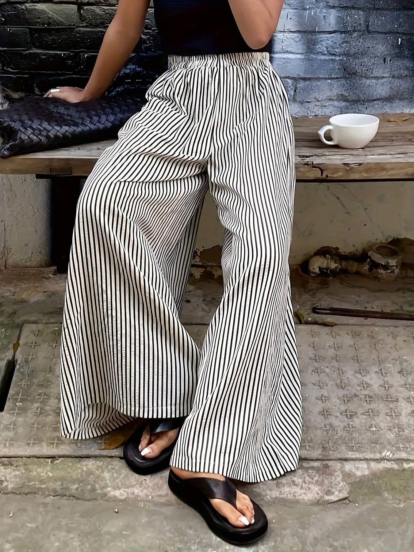 Effortless Apricot Striped Wide Leg Pants for Women with High Waist Flowing Palazzo Casual Style