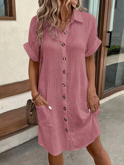 Effortless Textured Cotton Shirt Dress for Women with Collar Short Sleeve Button Front Relaxed Casual Style