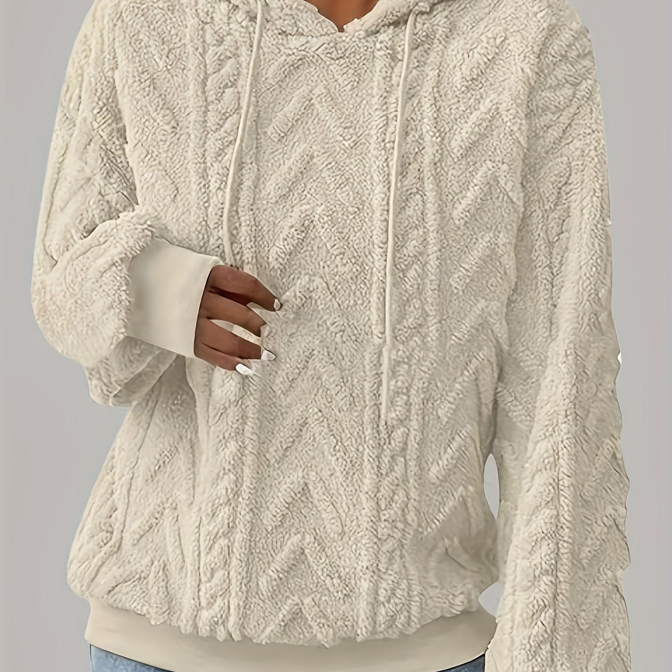 Comfortable Cable Knit Fleece Hoodie for Women with Drawstring Hood Long Sleeve Ribbed Cuff Oversized Style