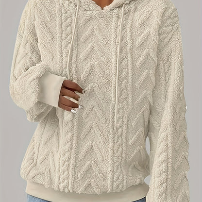 Comfortable Cable Knit Fleece Hoodie for Women with Drawstring Hood Long Sleeve Ribbed Cuff Oversized Style