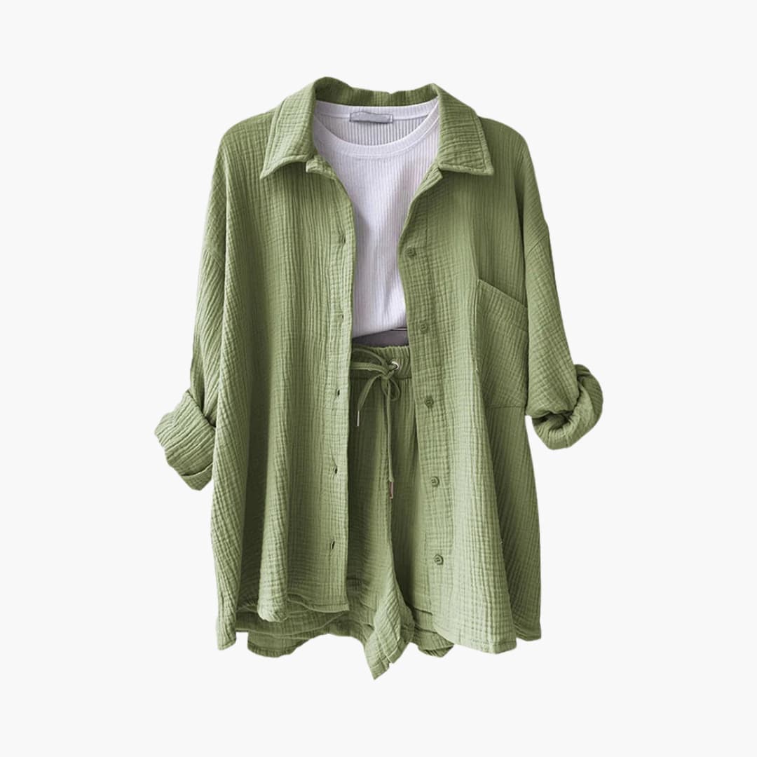 Effortless Cotton Gauze Two Piece Set for Women with Collared Button Front Long Sleeve Drawstring Shorts Relaxed Style