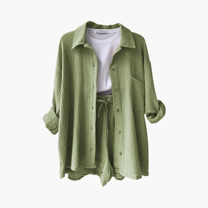 Effortless Cotton Gauze Two Piece Set for Women with Collared Button Front Long Sleeve Drawstring Shorts Relaxed Style