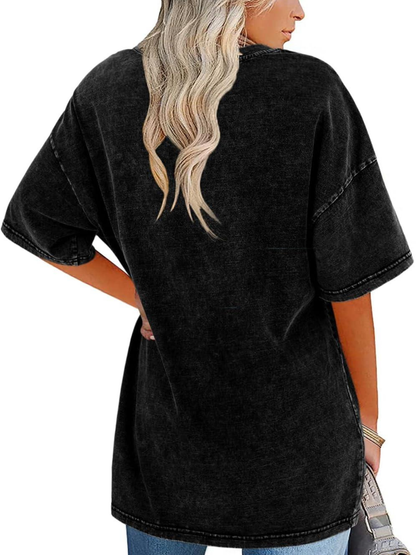 Comfortable Washed Cotton Tunic Top for Women with Crew Neck Short Sleeve Curved Hem Oversized Casual Style