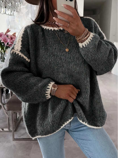 Comfortable Contrast Trim Sweater for Women with Crew Neck Long Sleeve Relaxed Oversized Knit Style