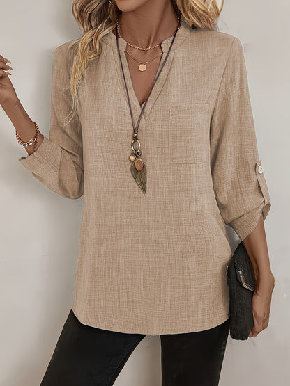 Effortless Linen Blouse for Women with V Neck Roll Tab Sleeve Relaxed Tunic Boho Style