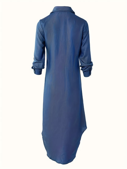 Elegant Blue Denim Maxi Shirt Dress for Women with Collar Long Sleeve Button Front High Low Style