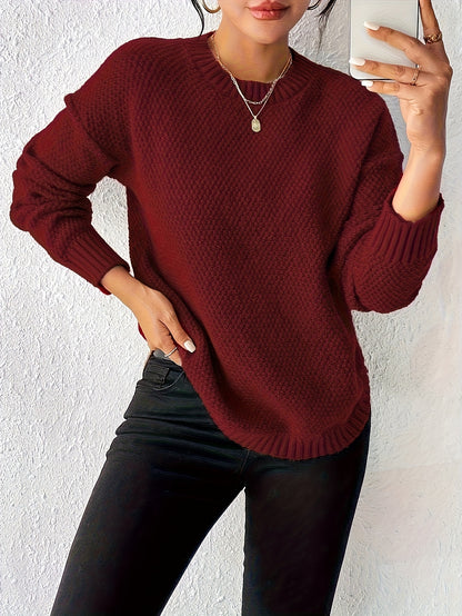 Comfortable Waffle Knit Sweater for Women with Crew Neck Long Sleeve Relaxed Oversized Casual Style