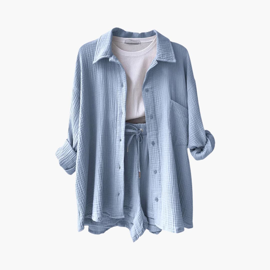 Effortless Cotton Gauze Two Piece Set for Women with Collared Button Front Long Sleeve Drawstring Shorts Relaxed Style