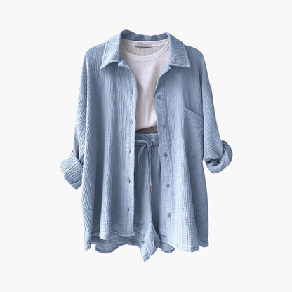 Effortless Cotton Gauze Two Piece Set for Women with Collared Button Front Long Sleeve Drawstring Shorts Relaxed Style
