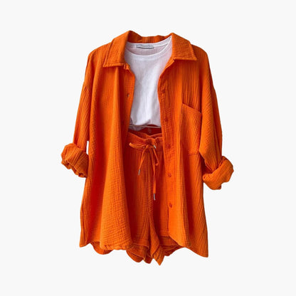 Effortless Cotton Gauze Two Piece Set for Women with Collared Button Front Long Sleeve Drawstring Shorts Relaxed Style