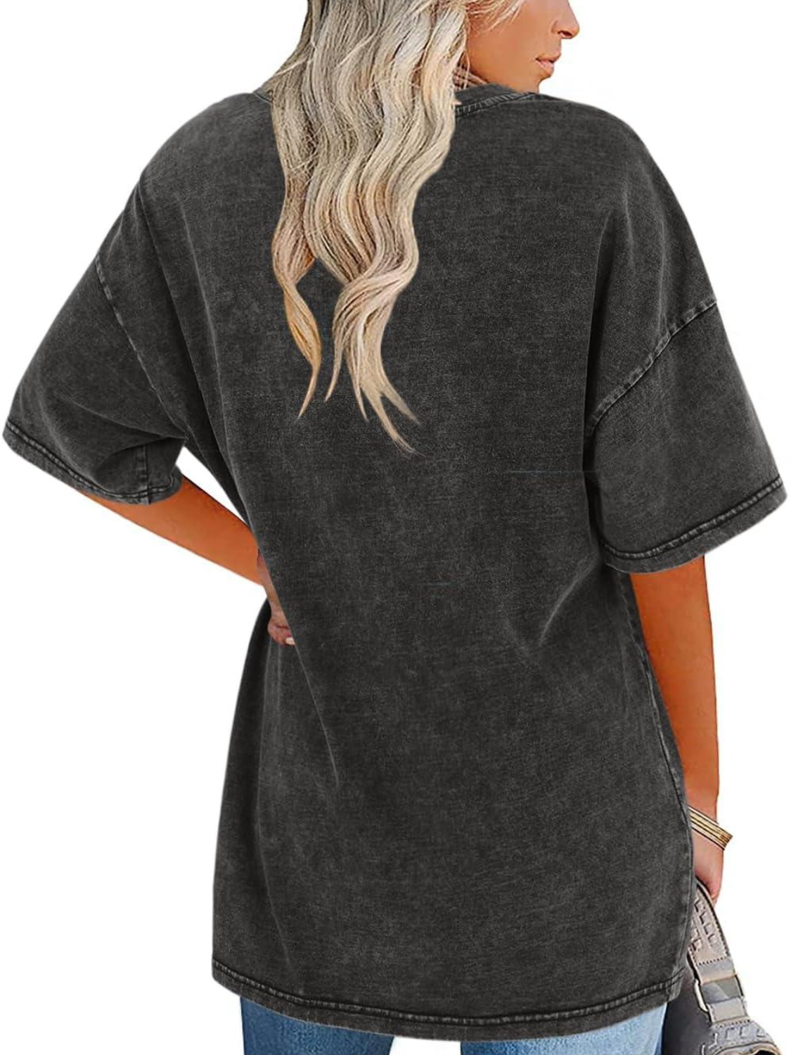 Comfortable Washed Cotton Tunic Top for Women with Crew Neck Short Sleeve Curved Hem Oversized Casual Style