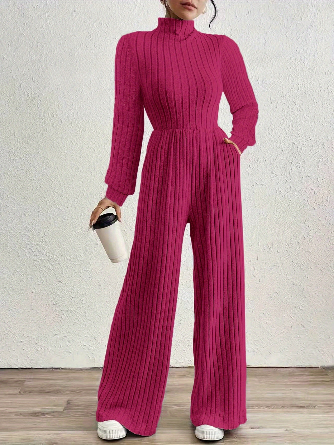 Elegant Ribbed Knit Jumpsuit for Women with Mock Neck Long Sleeve Wide Leg Casual Style