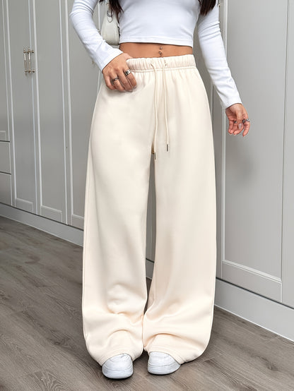 Effortless Apricot Fleece Wide Leg Pants for Women with High Waist Drawstring Relaxed Casual Style