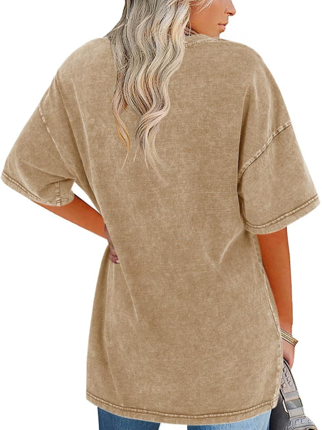 Comfortable Washed Cotton Tunic Top for Women with Crew Neck Short Sleeve Curved Hem Oversized Casual Style