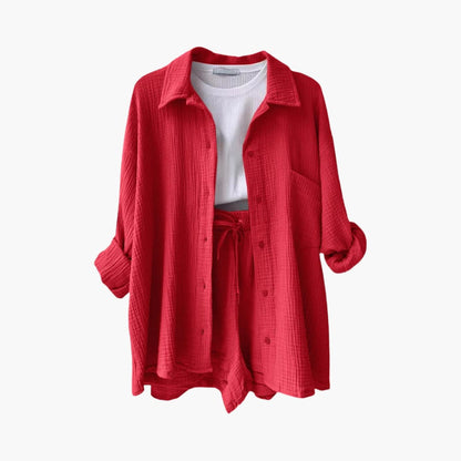 Effortless Cotton Gauze Two Piece Set for Women with Collared Button Front Long Sleeve Drawstring Shorts Relaxed Style