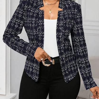 Elegant Plaid Tweed Blazer for Women with Lapel Collar Long Sleeve Open Front Cropped Casual Style