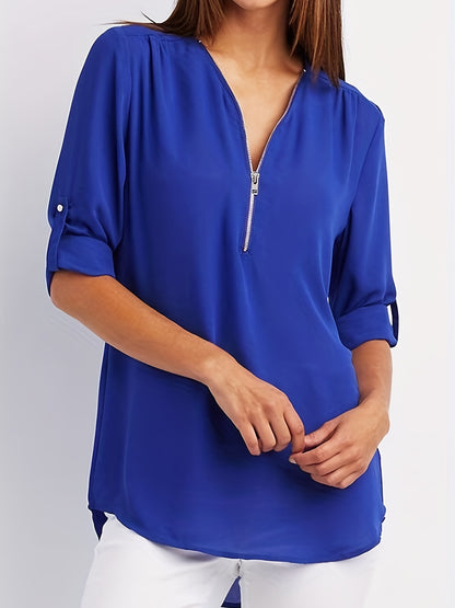Effortless Chiffon Blouse for Women with V Neck Zip Front Roll Tab Sleeve Relaxed Style