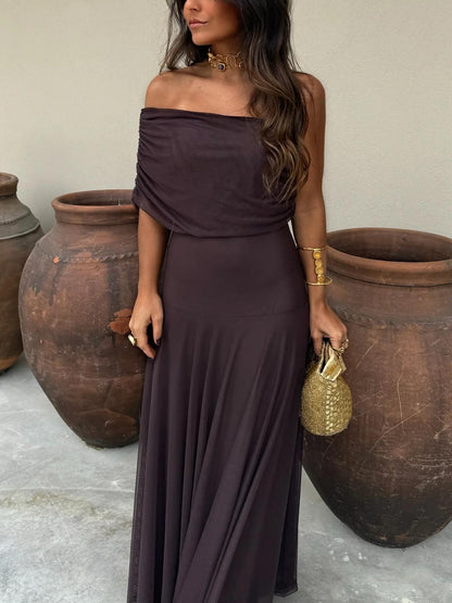 Elegant Mesh Maxi Dress for Women with Off Shoulder Ruched Sleeve Sheer Flowing Style
