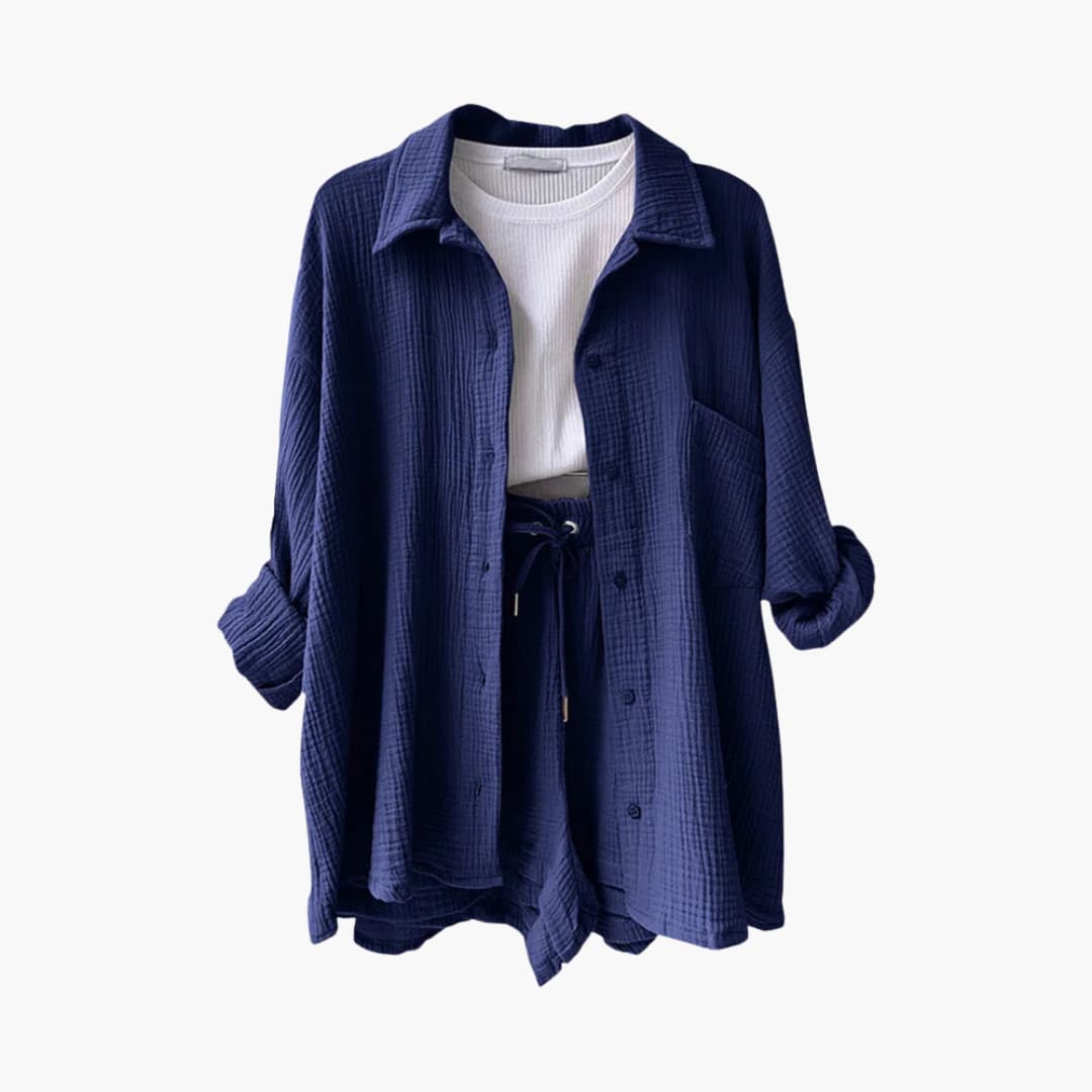 Effortless Cotton Gauze Two Piece Set for Women with Collared Button Front Long Sleeve Drawstring Shorts Relaxed Style