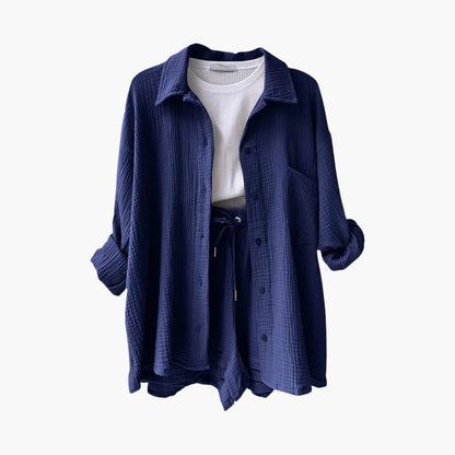 Effortless Cotton Gauze Two Piece Set for Women with Collared Button Front Long Sleeve Drawstring Shorts Relaxed Style