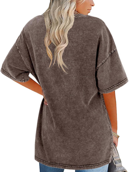 Comfortable Washed Cotton Tunic Top for Women with Crew Neck Short Sleeve Curved Hem Oversized Casual Style