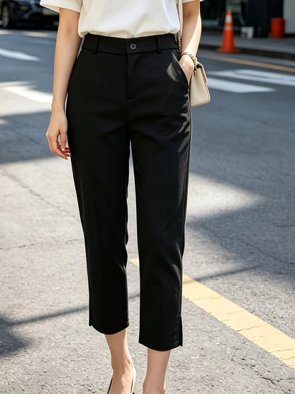 Elegant Tailored Dress Pants for Women with High Waist Button Front Side Slit Cropped Style