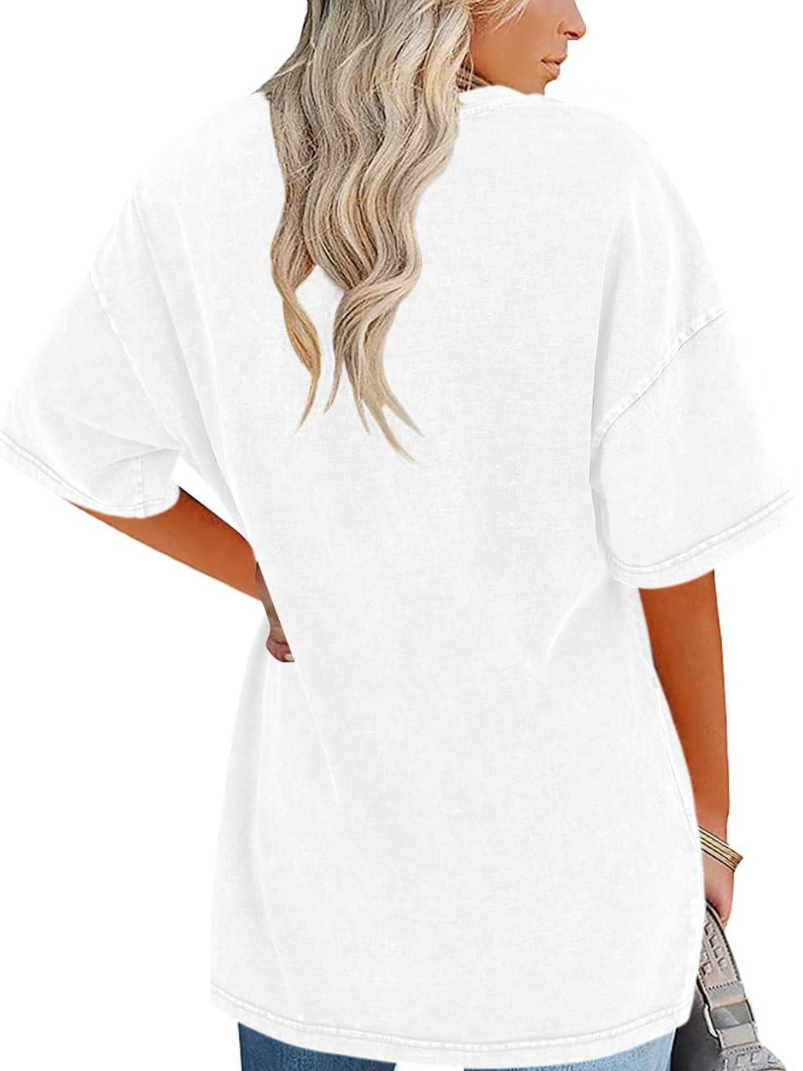 Comfortable Washed Cotton Tunic Top for Women with Crew Neck Short Sleeve Curved Hem Oversized Casual Style