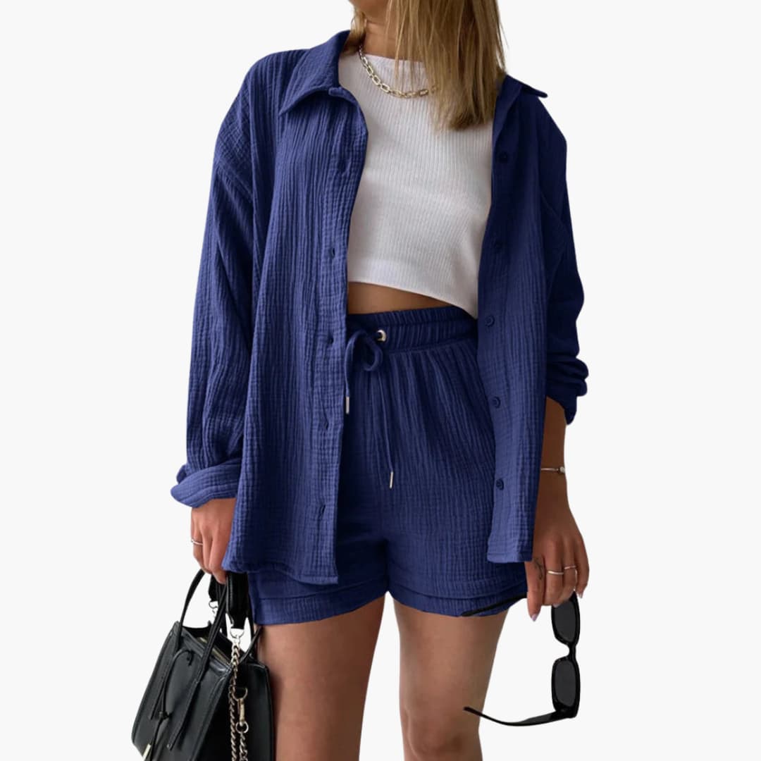 Effortless Cotton Gauze Two Piece Set for Women with Collared Button Front Long Sleeve Drawstring Shorts Relaxed Style
