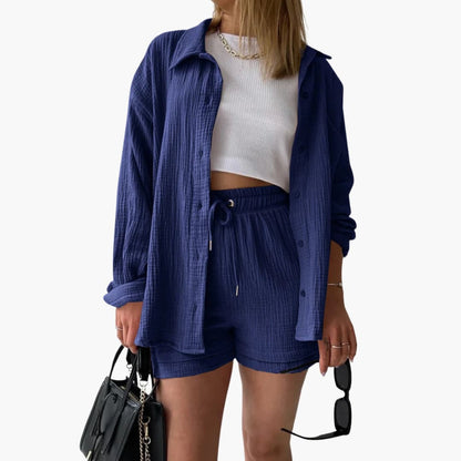 Effortless Cotton Gauze Two Piece Set for Women with Collared Button Front Long Sleeve Drawstring Shorts Relaxed Style