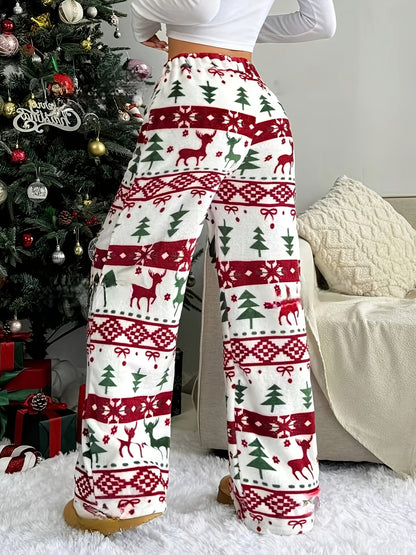 Comfortable Printed Fleece Pajama Pants for Women with High Waist Drawstring Wide Leg Cozy Style