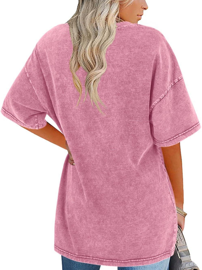 Comfortable Washed Cotton Tunic Top for Women with Crew Neck Short Sleeve Curved Hem Oversized Casual Style