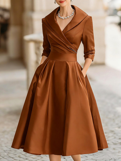 Elegant Satin Midi Dress for Women with Wrap V Neck Elbow Sleeve Pleated A Line Cocktail Style