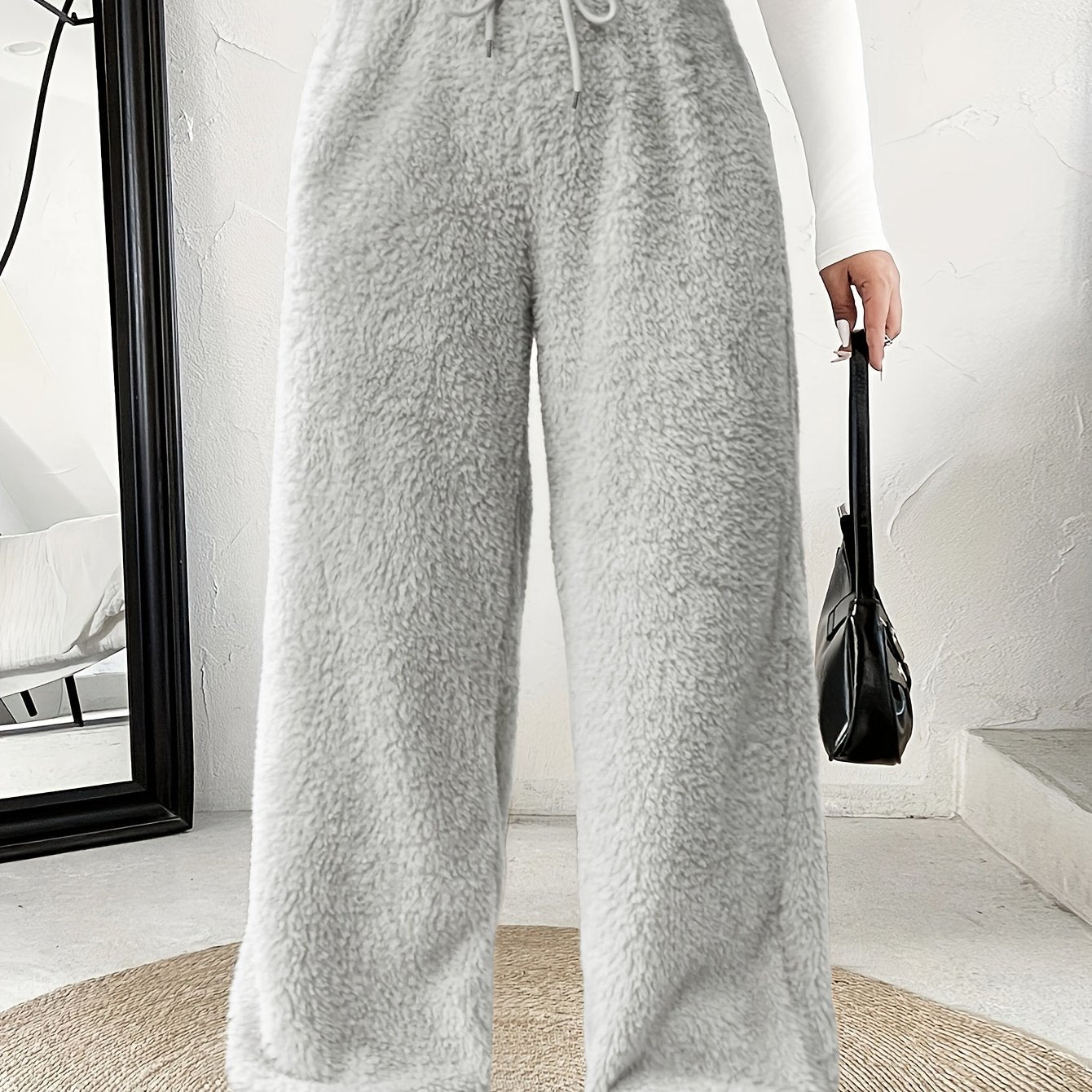 Effortless Fuzzy Fleece Wide Leg Pants for Women with High Waist Drawstring Relaxed Cozy Style