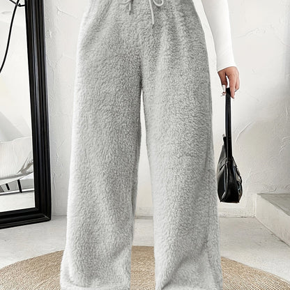 Effortless Fuzzy Fleece Wide Leg Pants for Women with High Waist Drawstring Relaxed Cozy Style