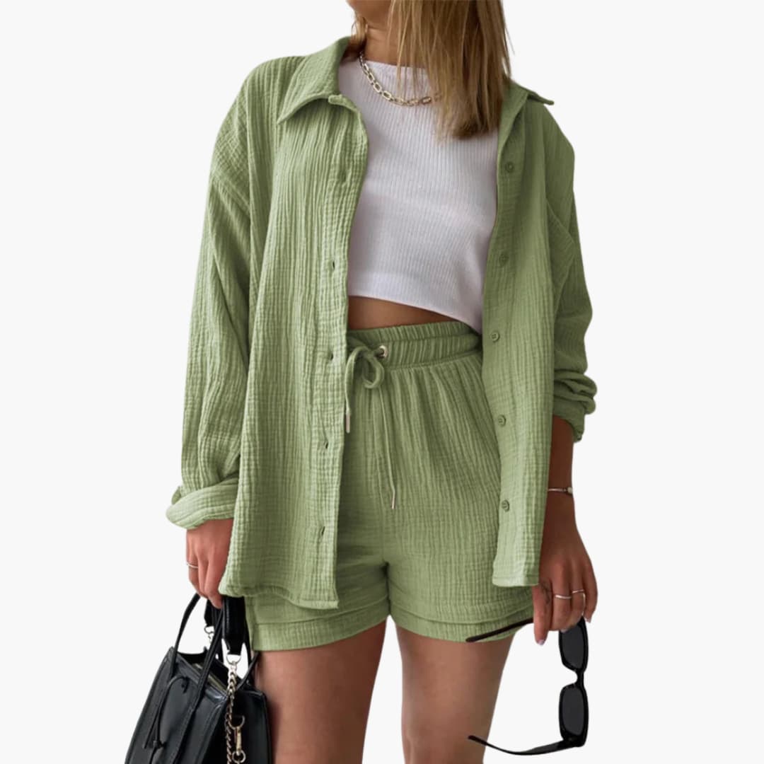 Effortless Cotton Gauze Two Piece Set for Women with Collared Button Front Long Sleeve Drawstring Shorts Relaxed Style