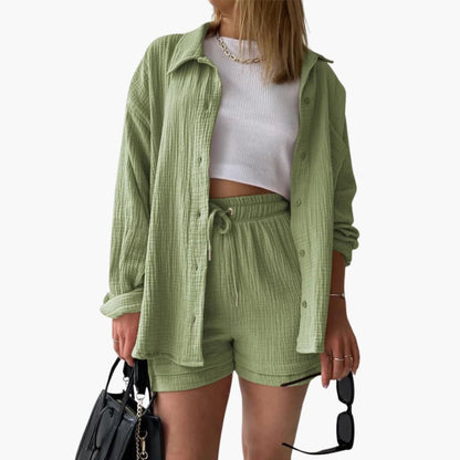 Effortless Cotton Gauze Two Piece Set for Women with Collared Button Front Long Sleeve Drawstring Shorts Relaxed Style