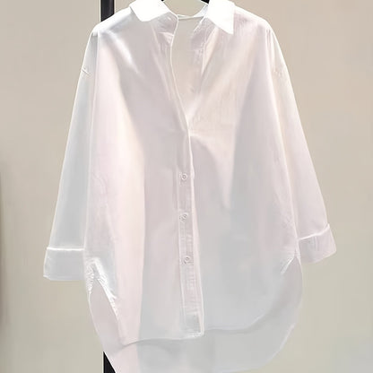 Effortless Oversized Blouse for Women with Point Collar Long Sleeve High Low Curved Hem Relaxed Style