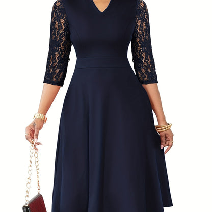 Elegant Lace Midi Dress for Women with Notch Neck Three Quarter Sleeve Fit and Flare Cocktail Style