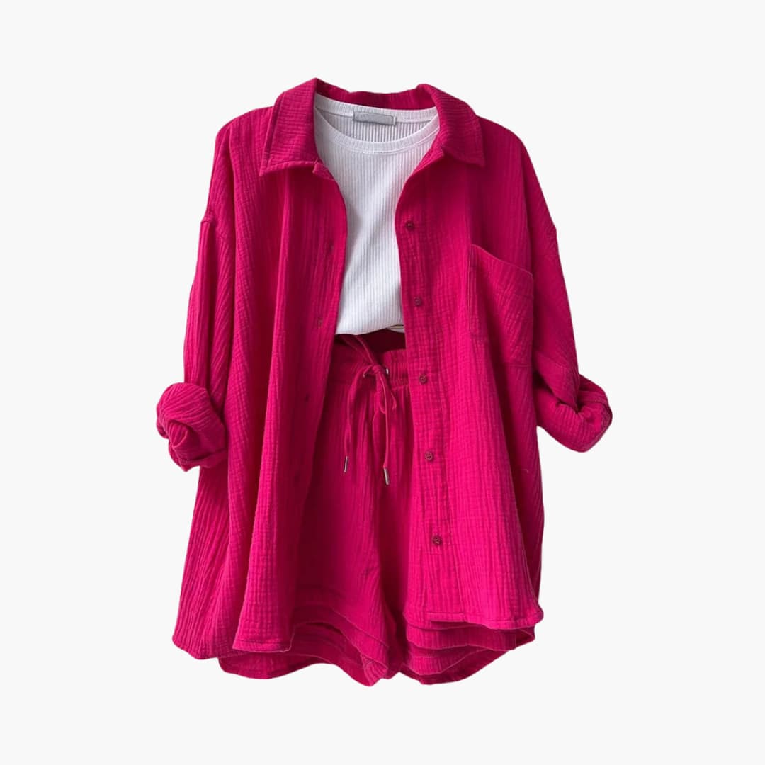 Effortless Cotton Gauze Two Piece Set for Women with Collared Button Front Long Sleeve Drawstring Shorts Relaxed Style