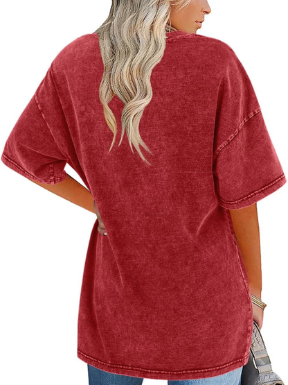 Comfortable Washed Cotton Tunic Top for Women with Crew Neck Short Sleeve Curved Hem Oversized Casual Style